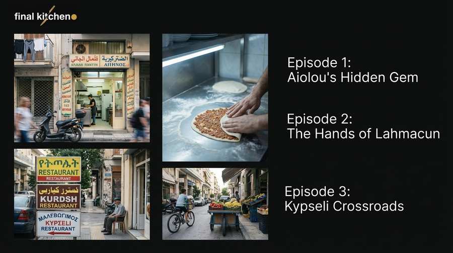 Feyrouz storefront, lahmacun hands, Kypseli multilingual signs