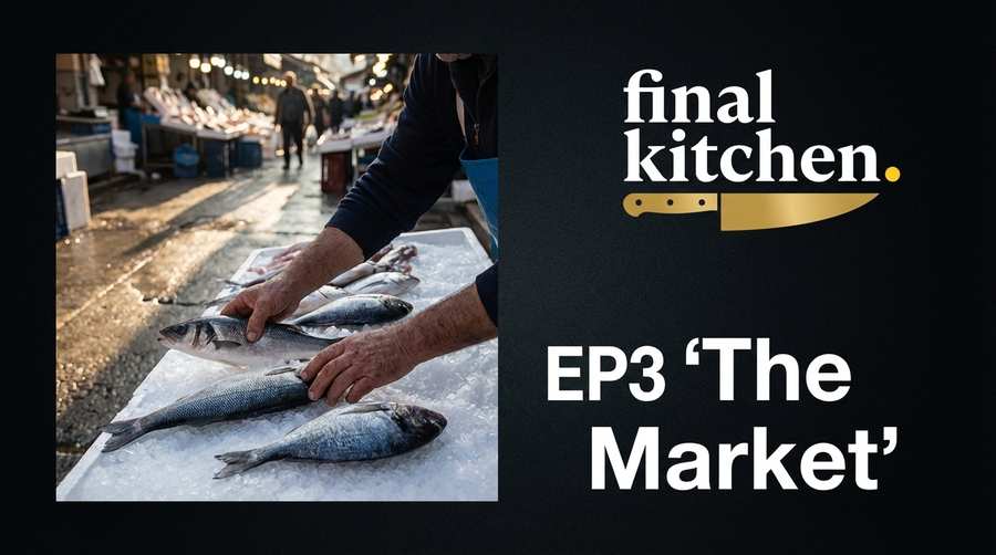 Fishmonger's hands arranging fish on ice at Varvakeios Market