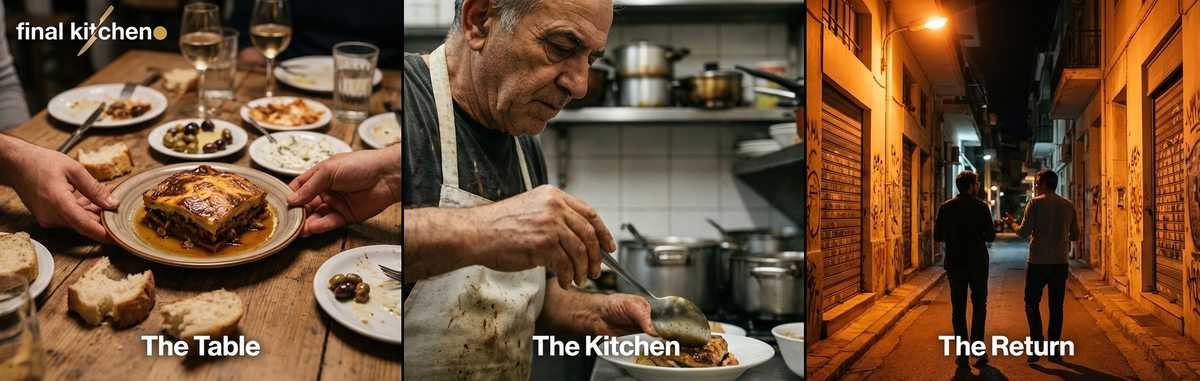 Three acts: The Table, The Kitchen, The Return — a visual triptych